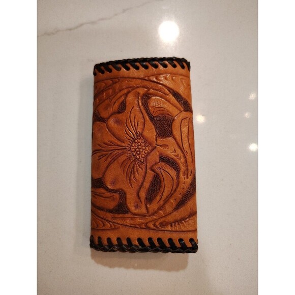 Vintage Hand Tooled Tan Leather Key Case Holder Laced Edges Snaps - Picture 3 of 11